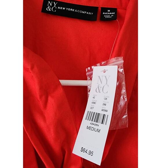 NY&C New York & Company Red Poplin Bow Front Button Up Blouse Medium NEW - Picture 4 of 10